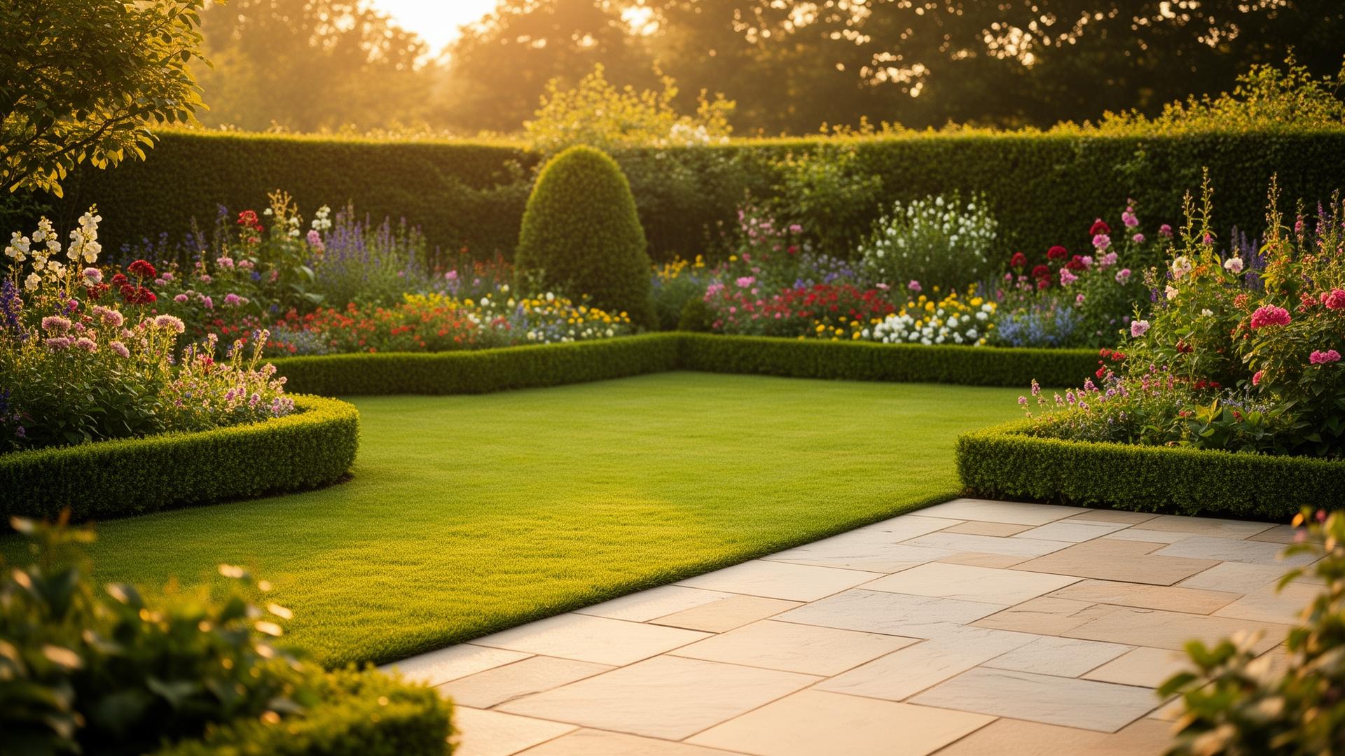 A beautifully maintained garden with manicured lawn and flower beds